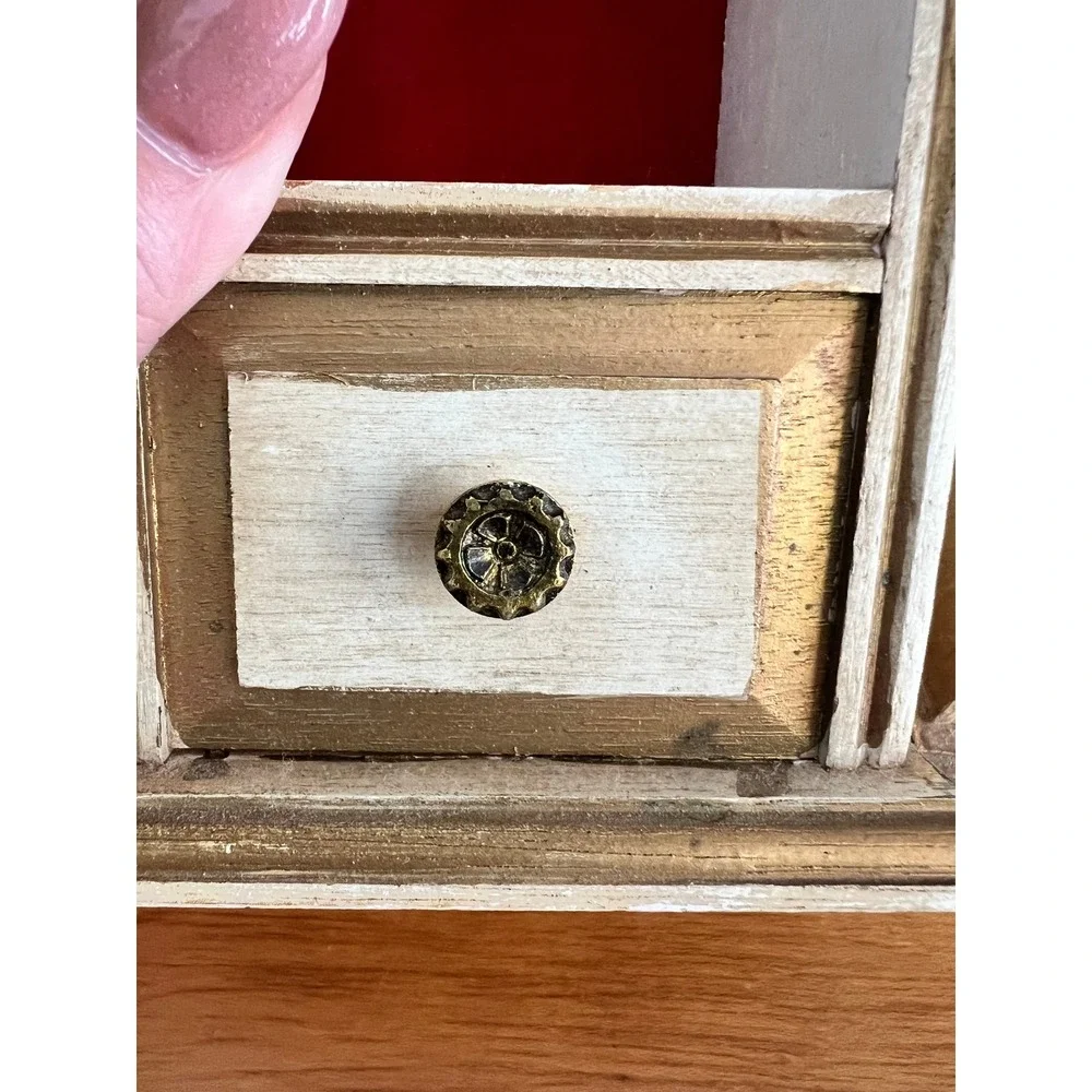 Vintage Style Red Velvet Trinket Curio Shelves Faux Drawer  Pair Gold Cream